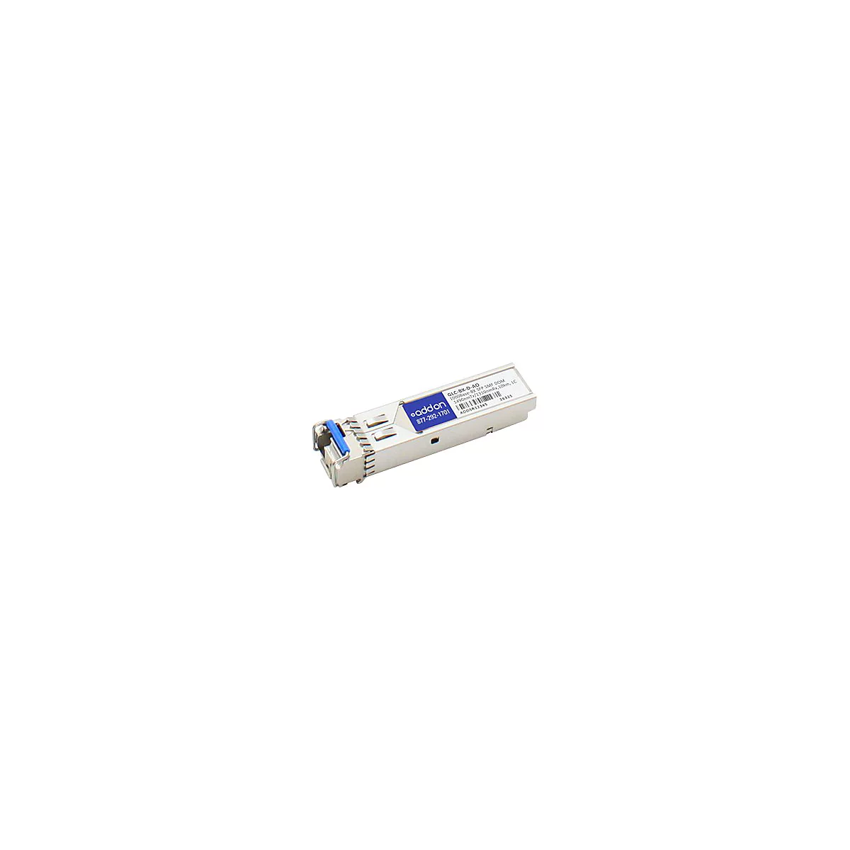 Addon SFP-Transceiver-Modul mit blauem Hebel auf weißem Hintergrund.