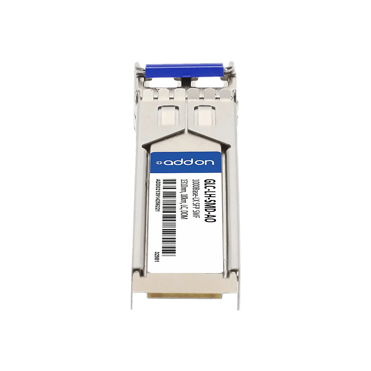 Addon SFP-Transceiver GLC-LH-SMD-AO aus Metall mit blauem Entriegelungshebel und weißem Etikett auf weißem Grund.