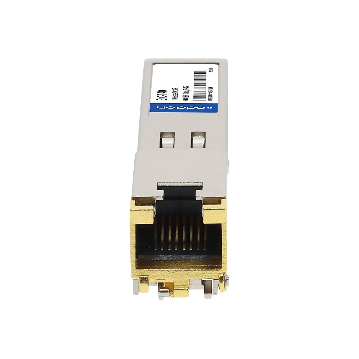 SFP-Kupfer-Transceiver-Modul mit RJ45-Anschluss vor neutralem Hintergrund.