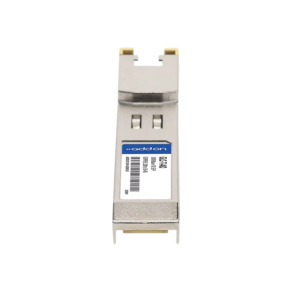 AddOn SFP-Transceiver-Modul GLC-T-AO in Silber mit blauem Markenaufkleber auf weißem Hintergrund.