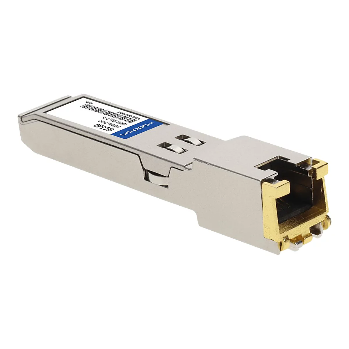 Silbernes SFP-Kupfermodul mit blauem Aufkleber und RJ45-Anschluss vor weißem Hintergrund.