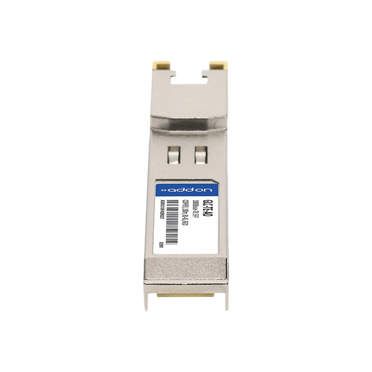 SFP-Transceiver-Modul aus Metall mit blauem AddOn-Logo und weißem Typenschild.