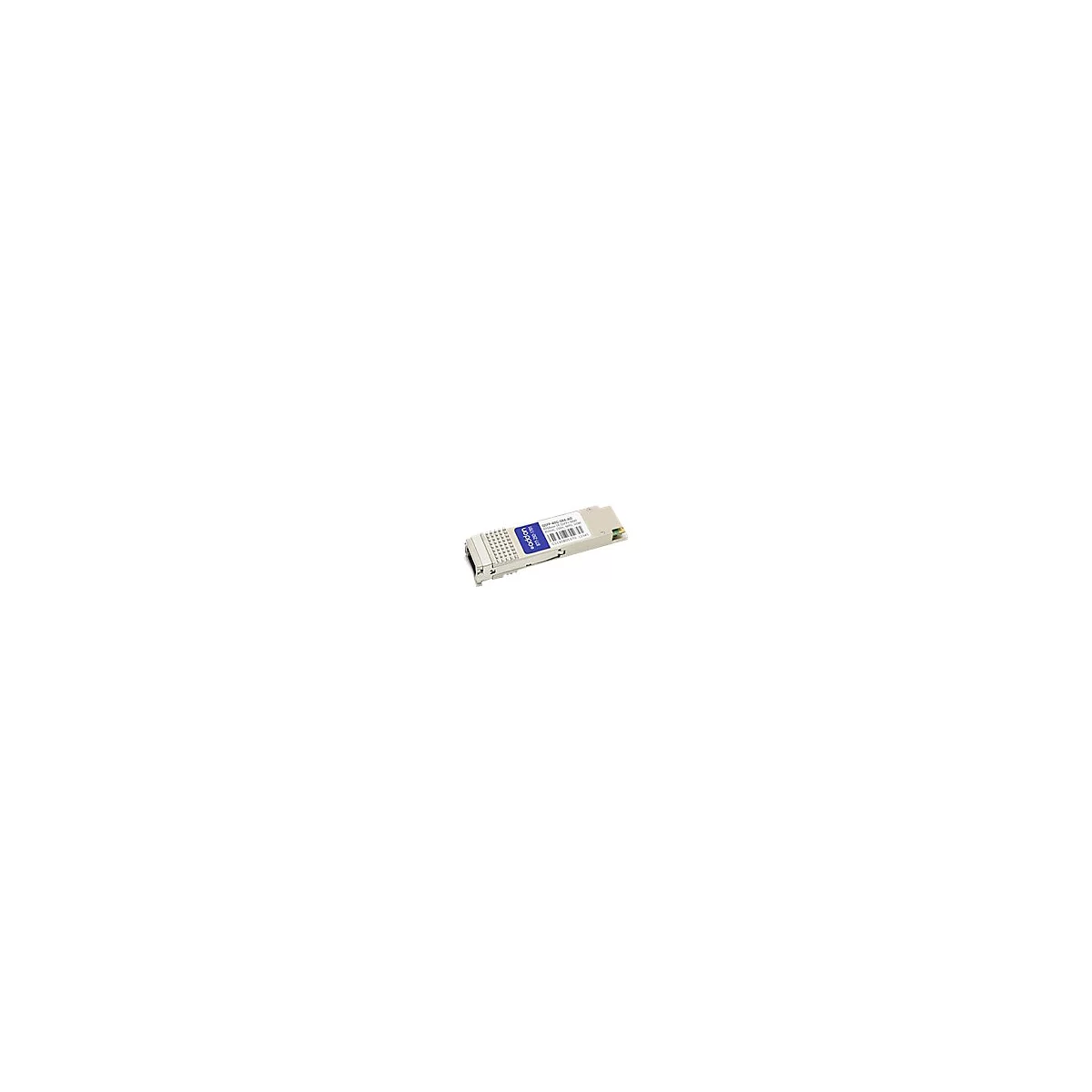 Silbernes QSFP-Modul mit blauem Addon-Aufkleber und Barcode auf weißem Hintergrund.