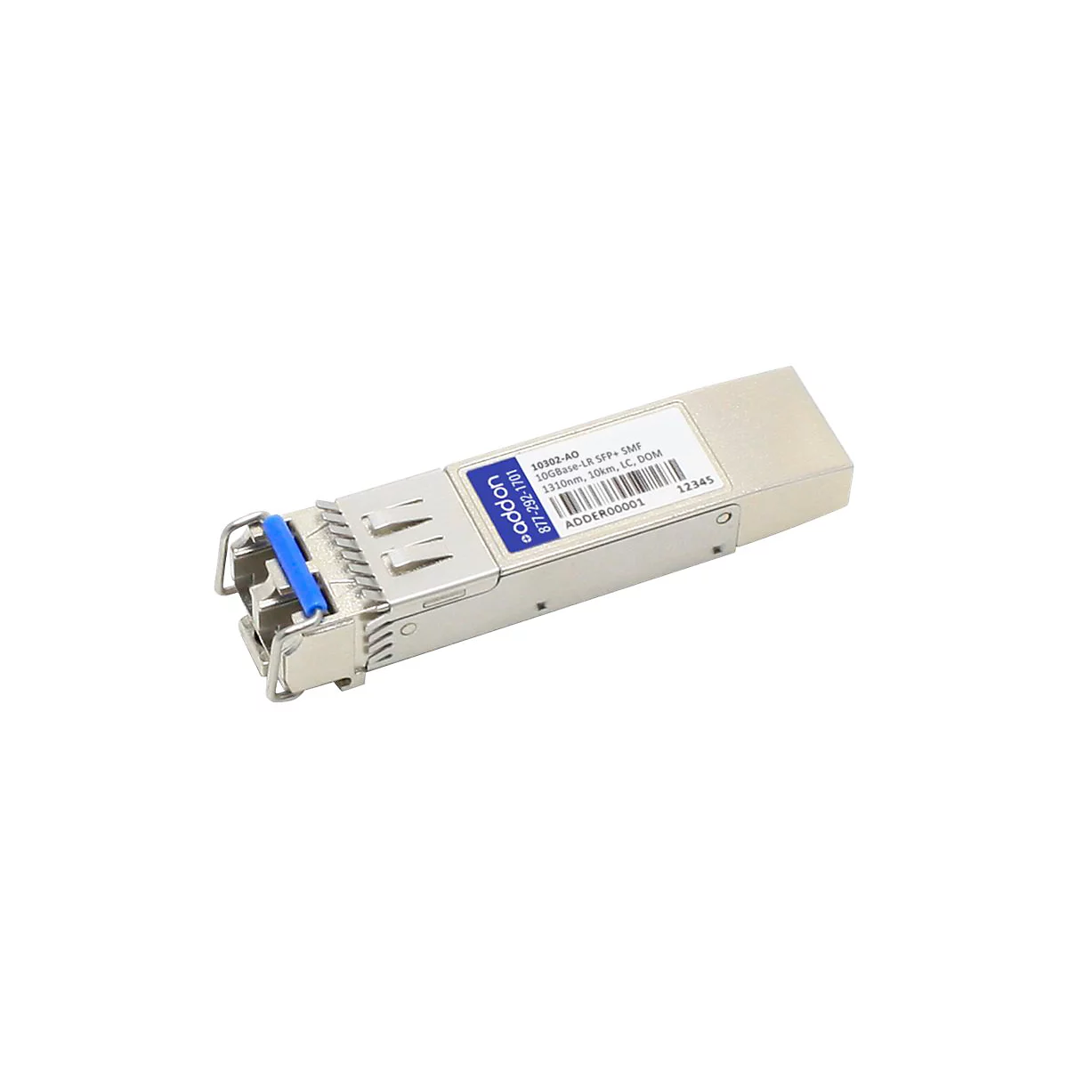 Metallenes SFP-Plus Transceiver-Modul mit blauem Hebel auf weißem Hintergrund.