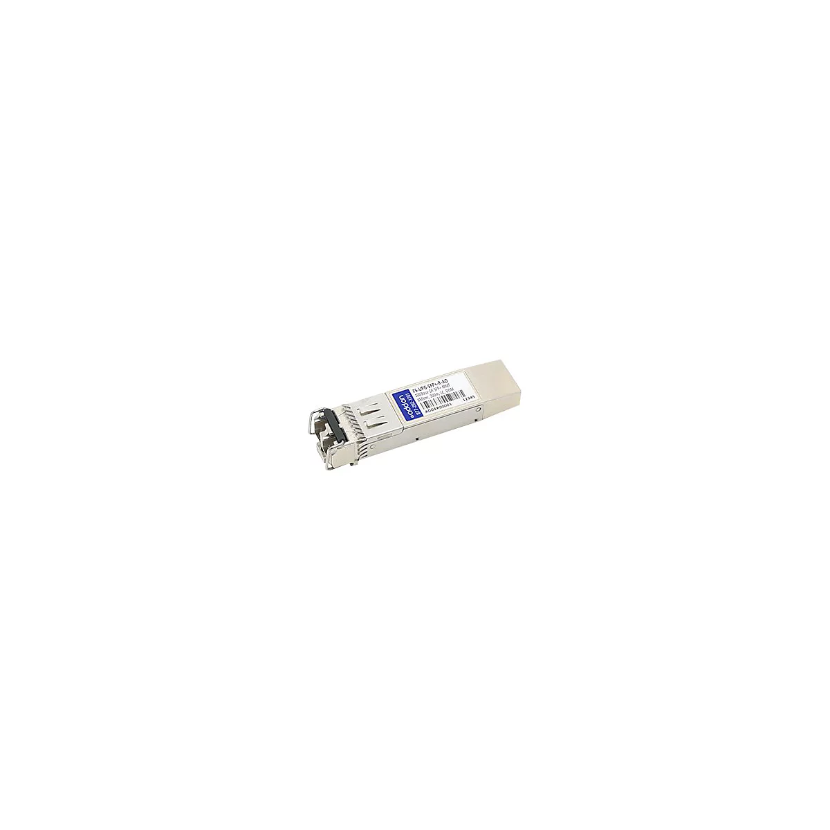 Ein metallisches SFP-Plus-Glasfaser-Transceiver-Modul mit blauem Aufkleber auf weißem Hintergrund.