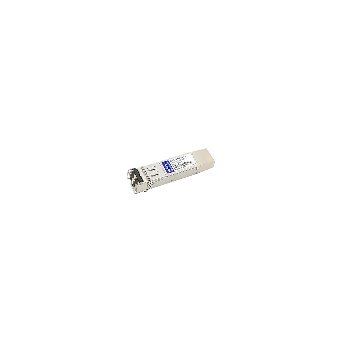 Addon SFP+ Glasfaser-Transceiver-Modul mit blauem Aufkleber und Strichcode auf silbernem Metallgehäuse.