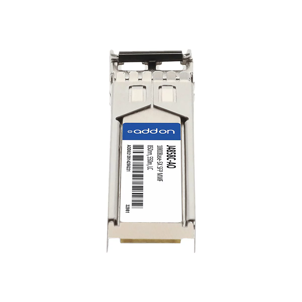Ein silbernes Addon SFP Transceiver Modul vor weißem Hintergrund mit blauem Logo und Produktetikett.