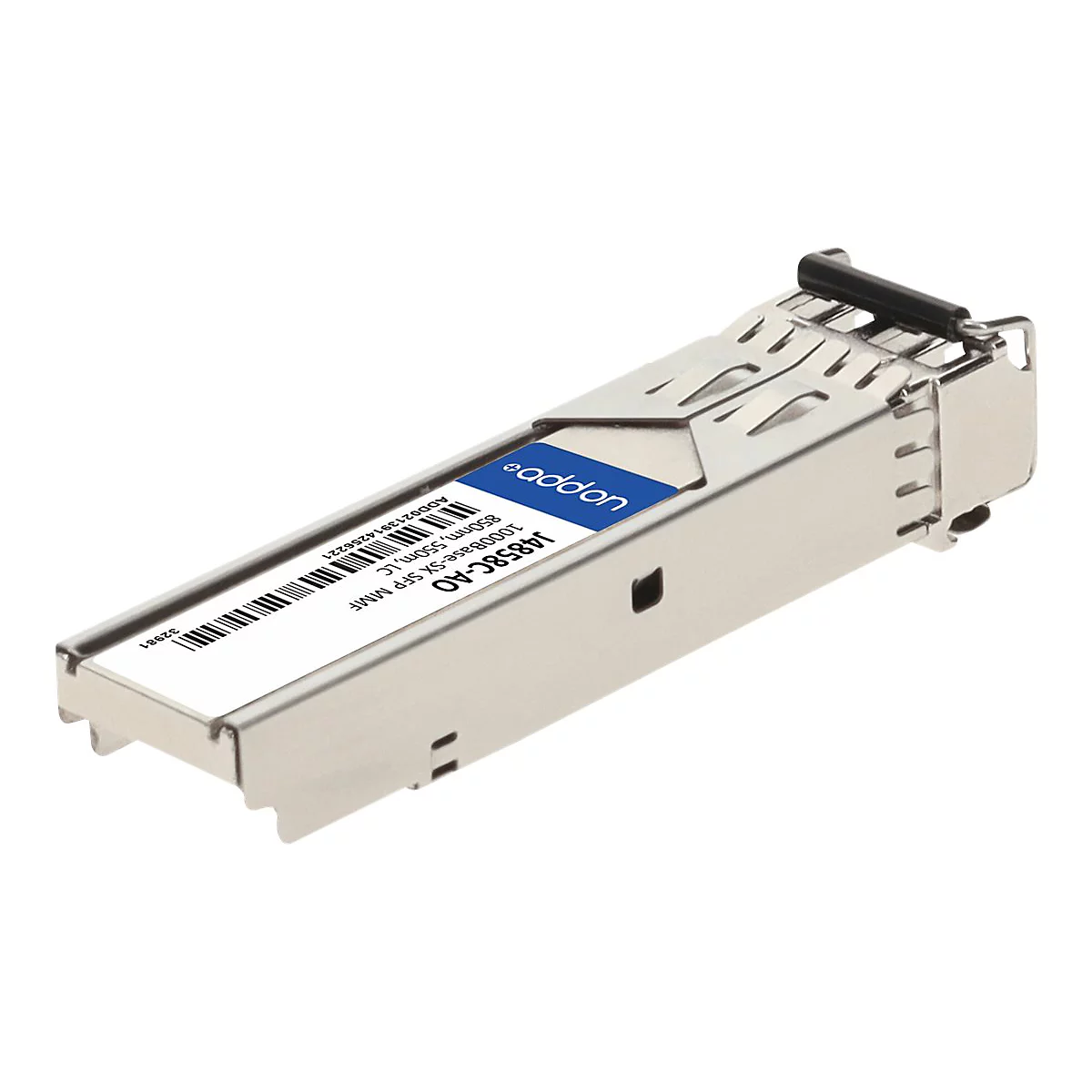 Ein metallisches SFP-Transceiver-Modul mit einem blauen Aufkleber, beschriftet mit J4858C-AO und 1000base-SX.