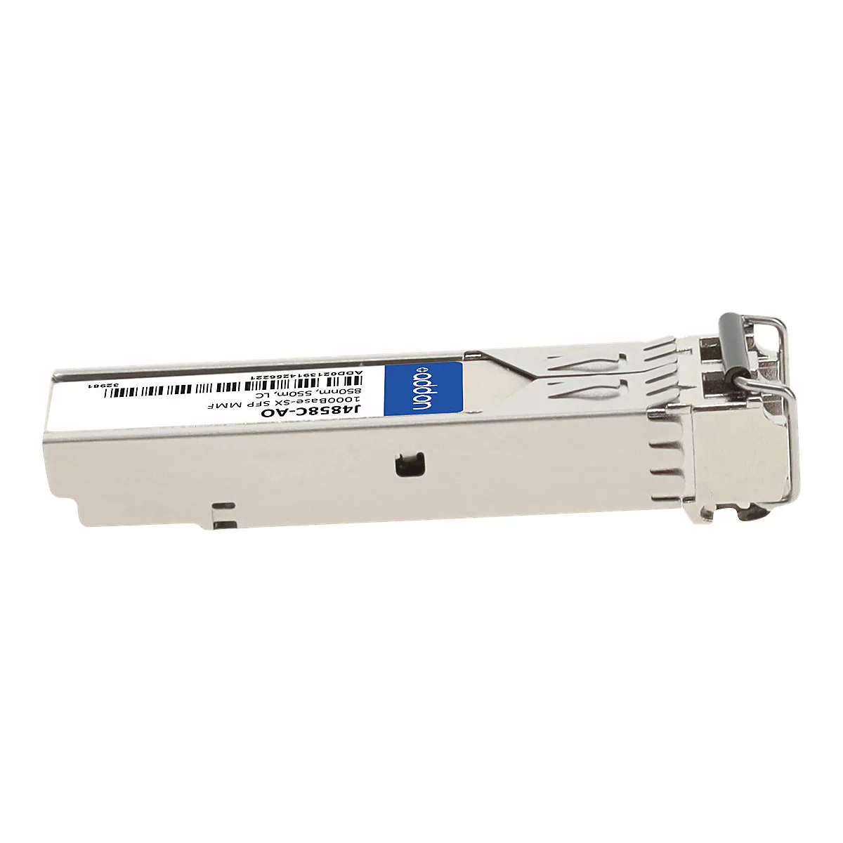 SFP-Glasfaser-Transceiver aus Metall mit blauem Etikett und Modellbezeichnung J4858C-AO auf weißem Hintergrund.