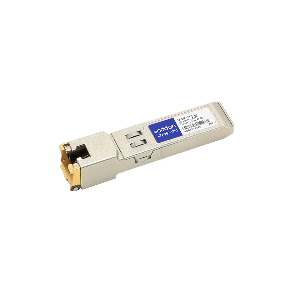Addon SFP-Transceiver-Modul mit RJ-45-Anschluss vor weißem Hintergrund.