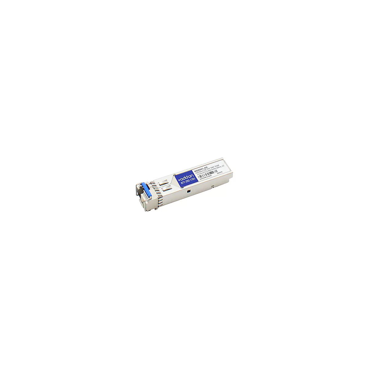 Silbernes SFP-Modul mit blauem Hebel und Aufkleber mit 'addon'-Logo auf weißem Hintergrund.
