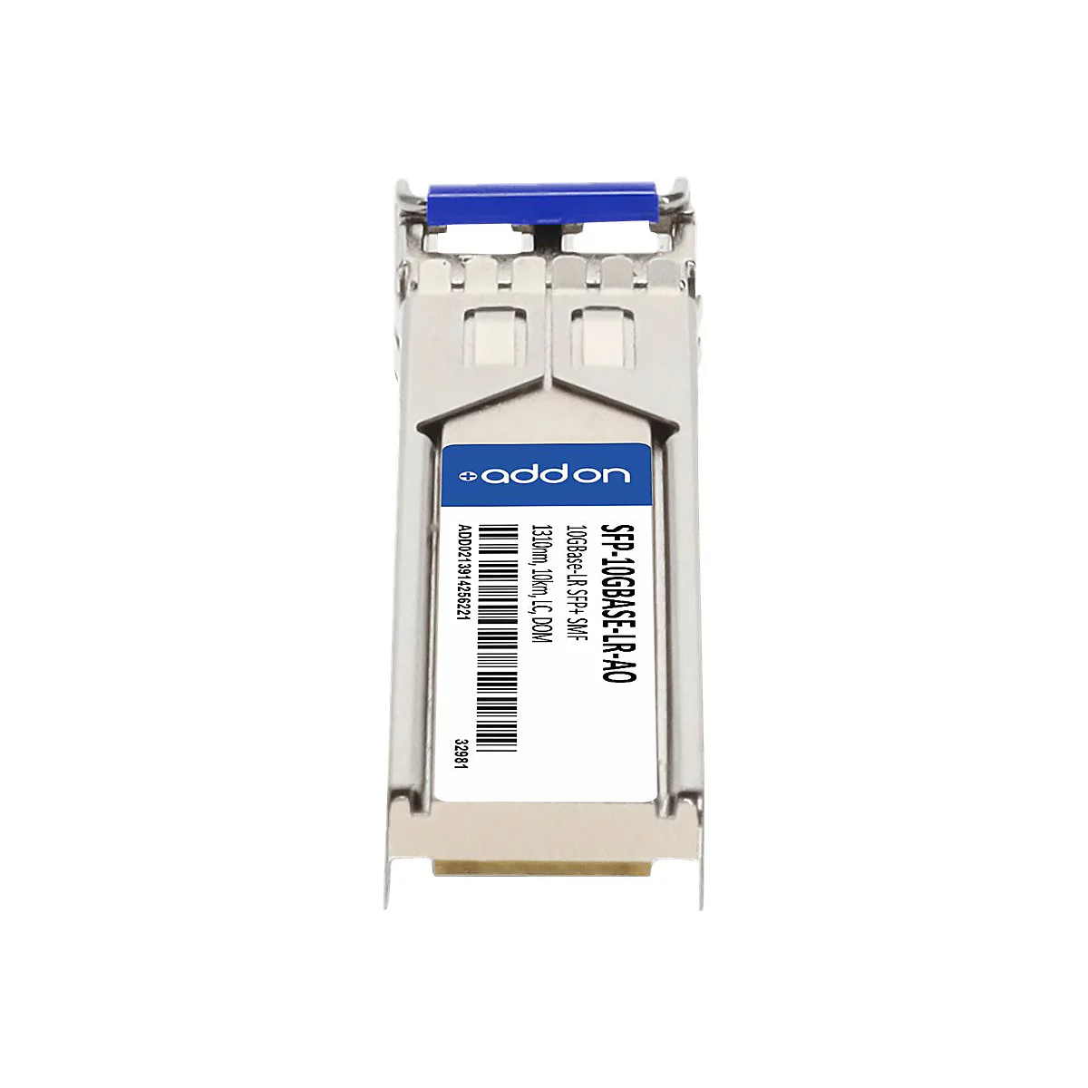 AddOn 10GBASE-LR SFP+ Glasfaser-Transceiver mit blauem Entriegelungshebel.