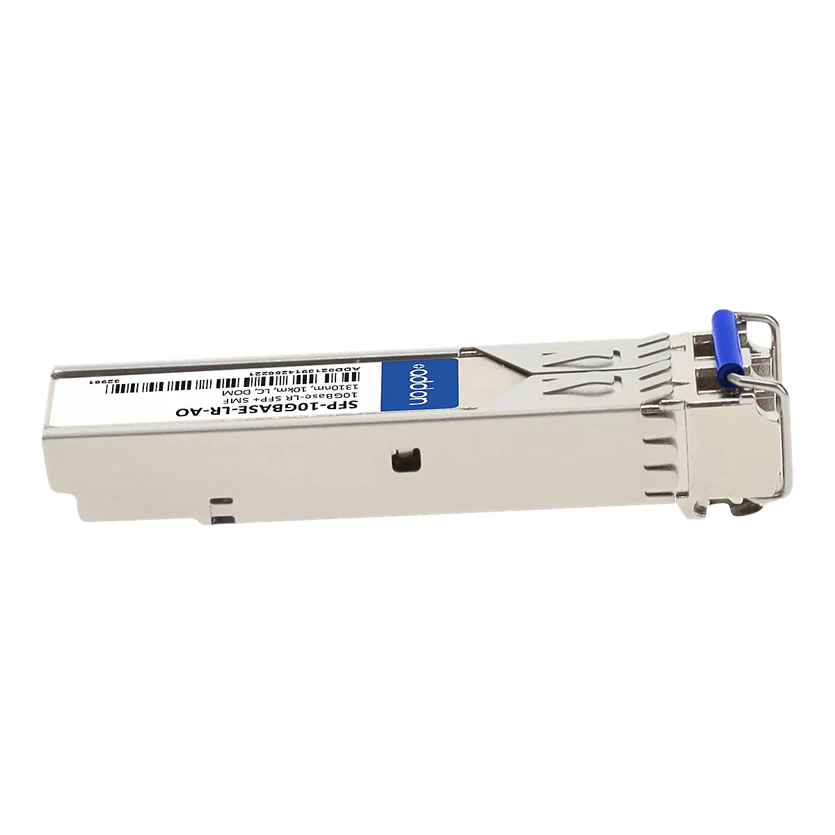 Addon SFP-Modul mit blauem Hebel auf weißem Hintergrund.