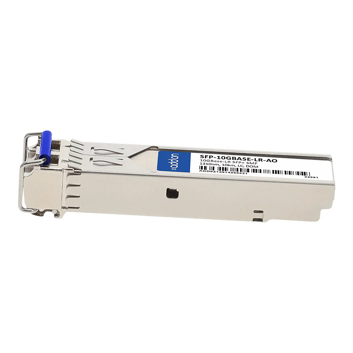 AddOn SFP+ Glasfaser-Transceiver-Modul mit blauem Entriegelungshebel vor weißem Hintergrund.