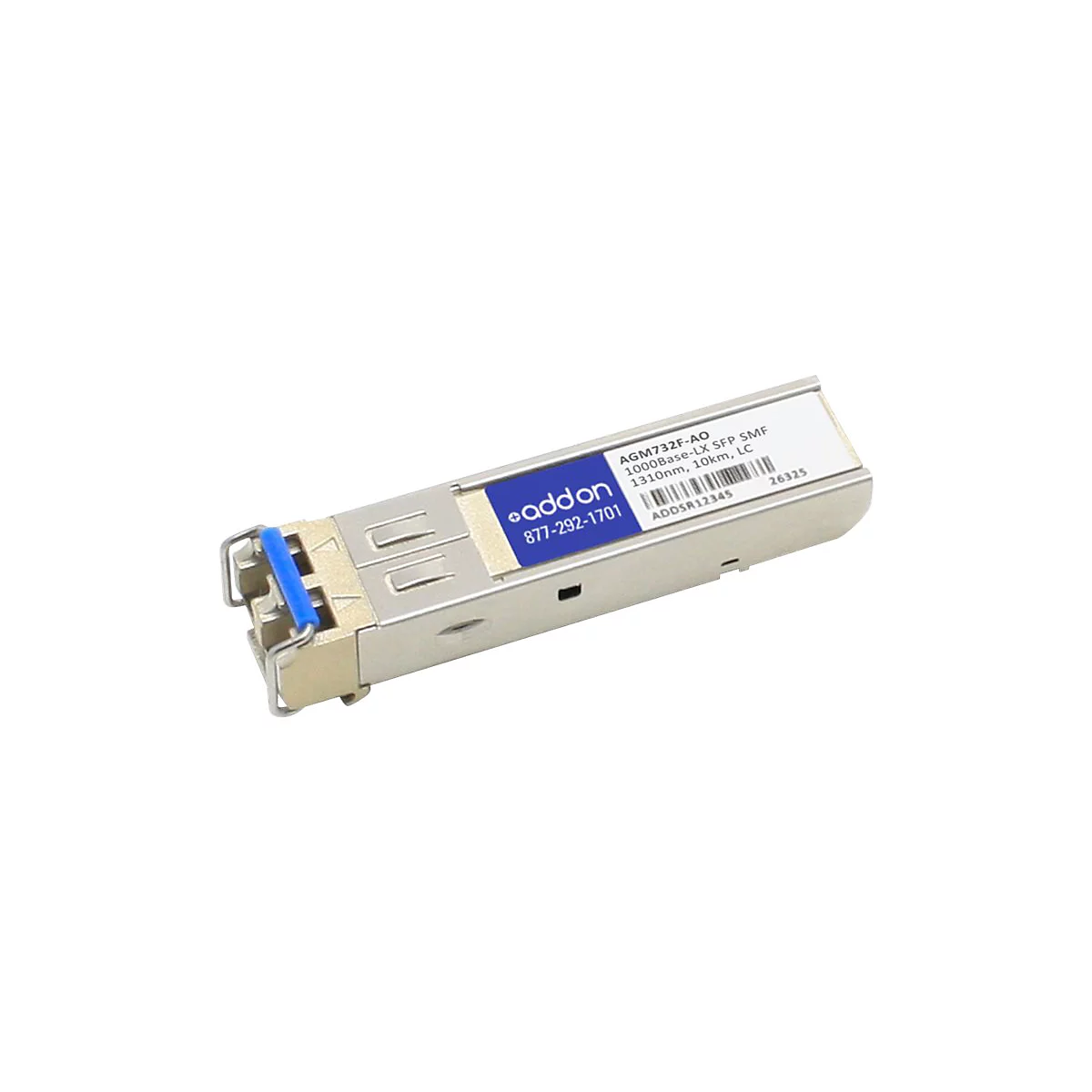 Addon SFP-Modul AGM732F-AO aus Metall mit blauem Griff und weißem Etikett vor weißem Hintergrund.