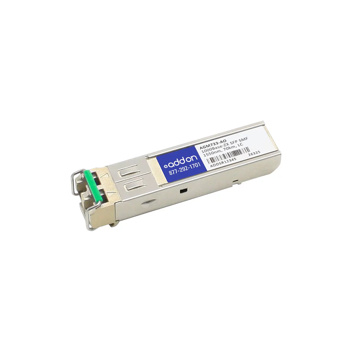 Addon SFP-Transceiver-Modul in Metalloptik mit blauem Etikett und grünem Entriegelungshebel.