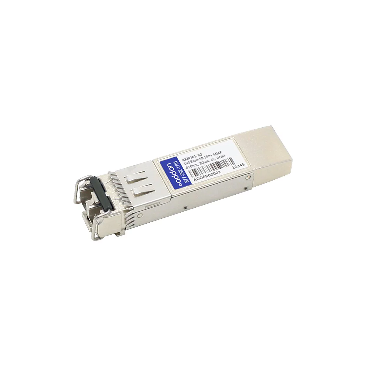Ein silberner 10GBase-SR SFP+ Glasfaser-Transceiver mit blauem Etikett und Beschriftung auf weißem Hintergrund.
