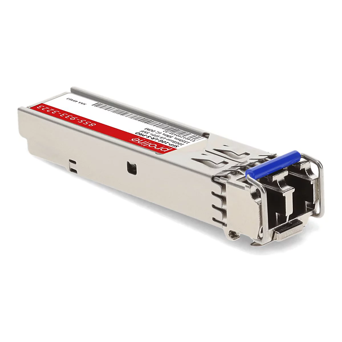 Ein silberner Proline SFP+ Glasfaser-Transceiver mit blauem Entriegelungshebel vor weißem Hintergrund.