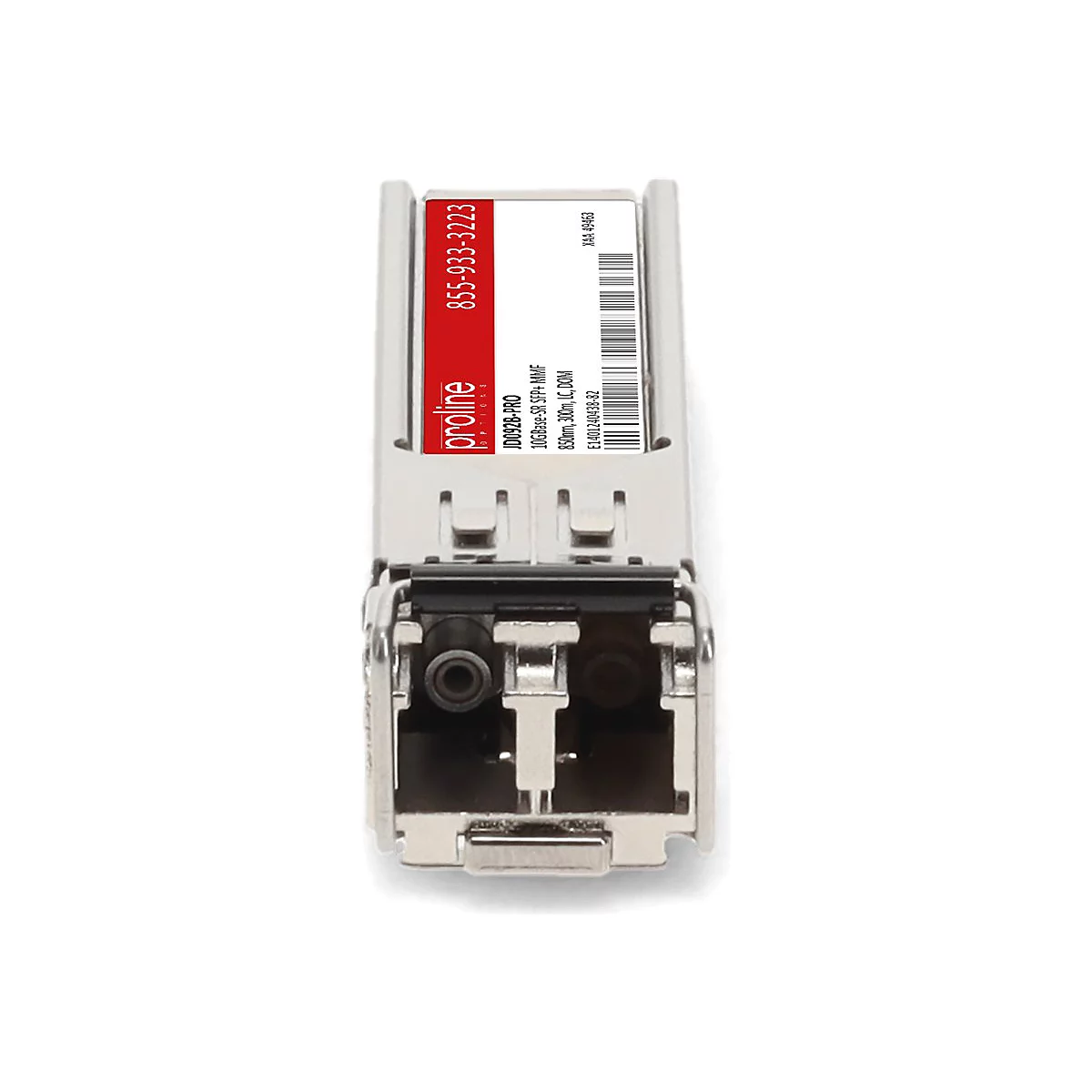 Silbernes SFP+ Glasfaser-Transceiver-Modul mit weiß-rotem Etikett vor weißem Hintergrund.