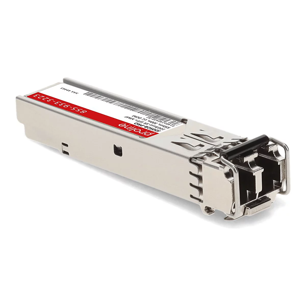 Ein silberner Proline SFP+ Transceiver mit rotem Aufkleber und Strichcode vor weißem Hintergrund.