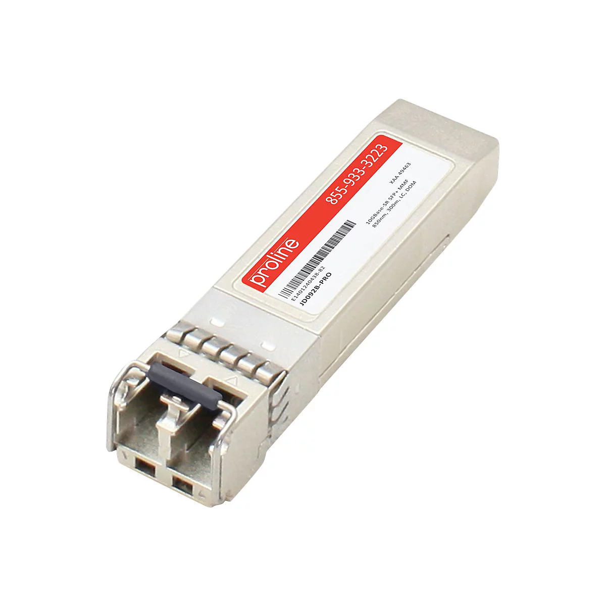 Ein silberner Proline SFP+ Transceiver mit rotem Aufkleber und technischer Beschriftung auf weißem Grund.