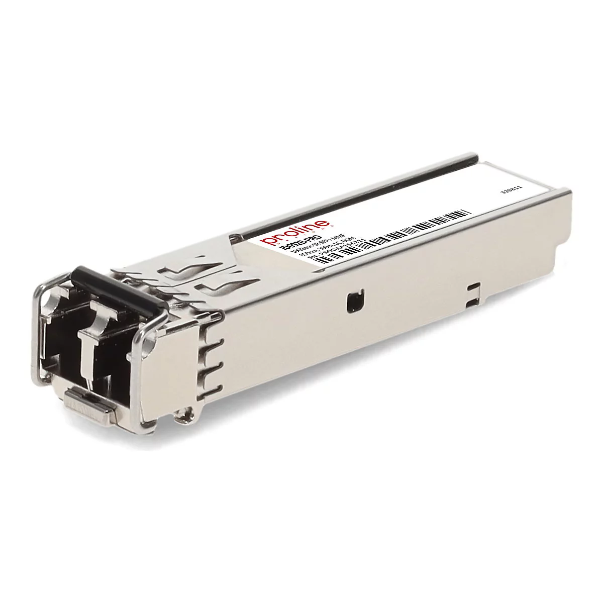 Ein silberner Proline SFP-Transceiver-Modul mit weißem Etikett auf weißem Hintergrund.