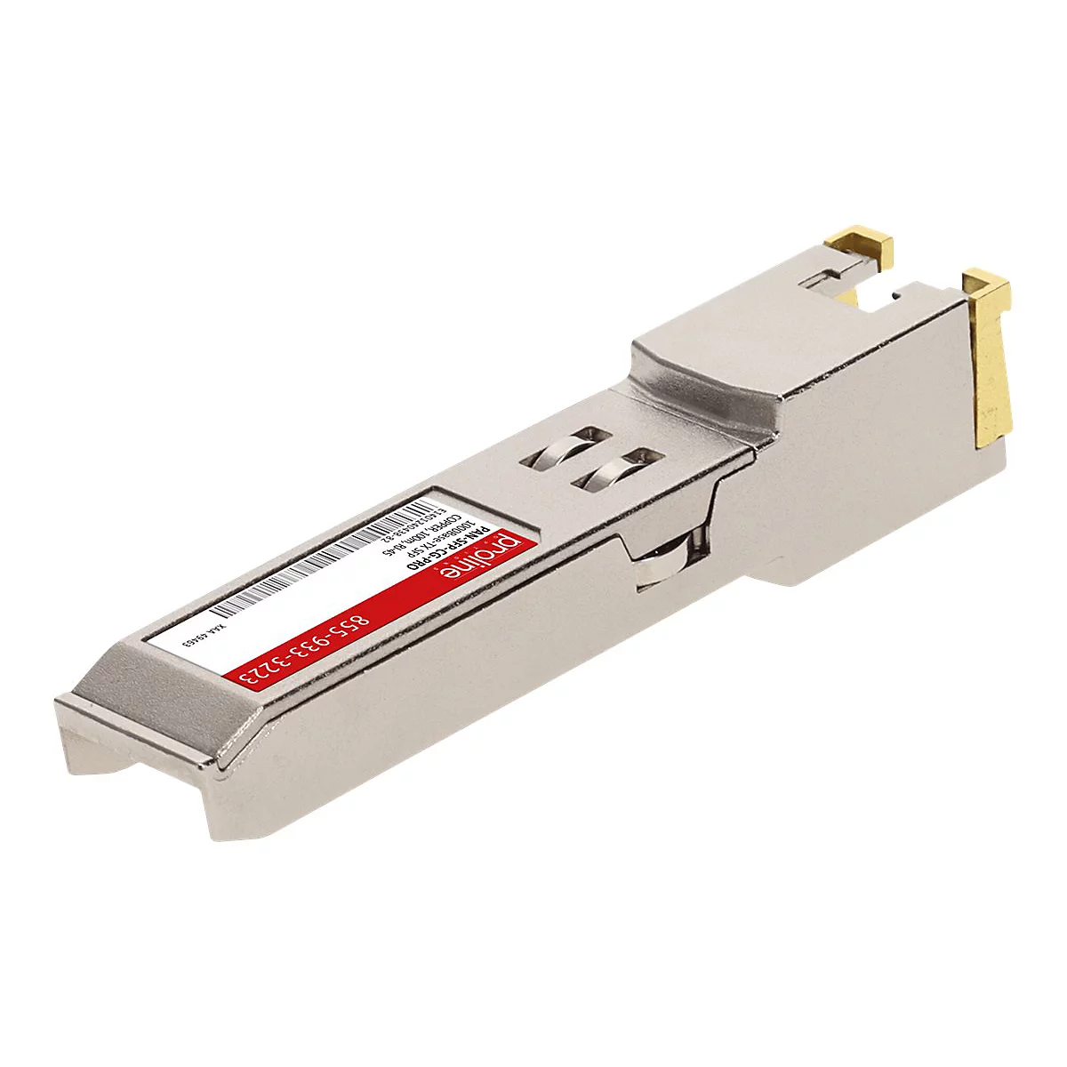 Silbernes Proline SFP-Modul mit rotem Etikett vor weißem Hintergrund.