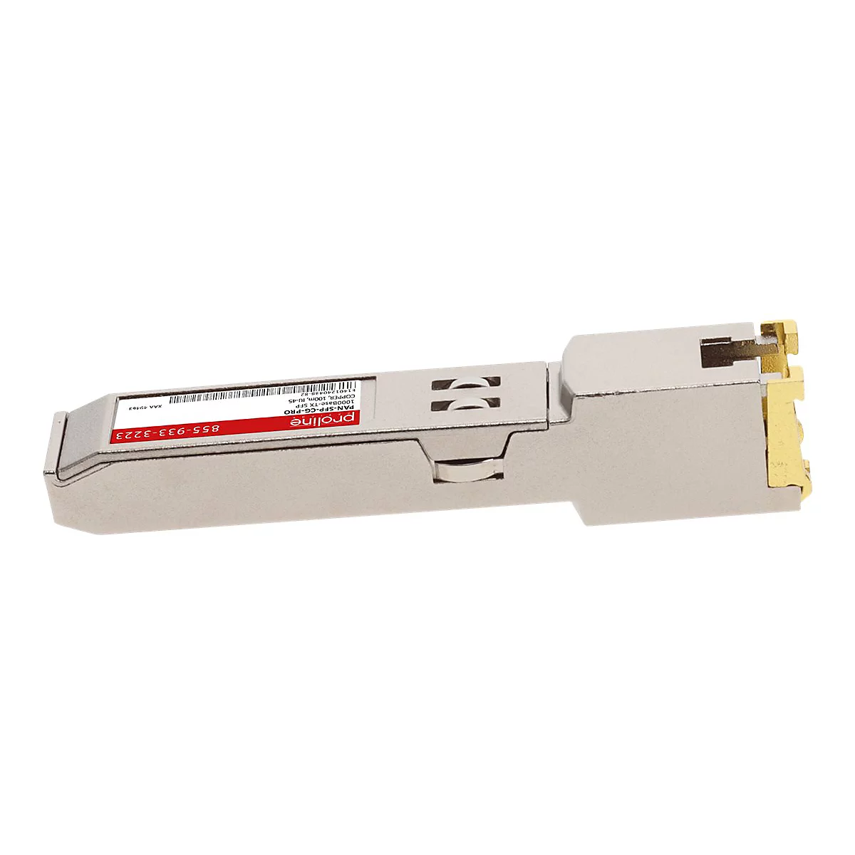 Silbernes Proline SFP-Modul mit RJ45-Anschluss vor weißem Hintergrund.