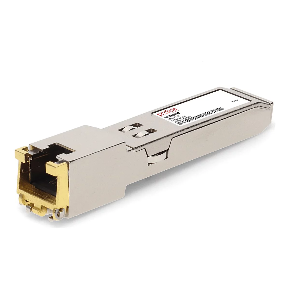 Silbernes SFP-Modul mit goldenem RJ45-Anschluss vor weißem Hintergrund.