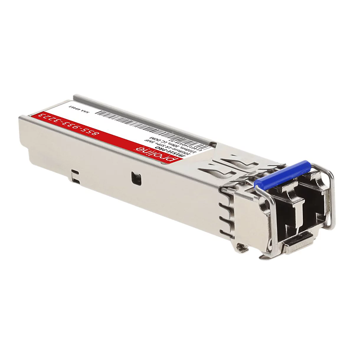 Ein silberner Proline 10G-SFP+-Transceiver-Modul mit blauem Entriegelungshebel vor weißem Hintergrund.