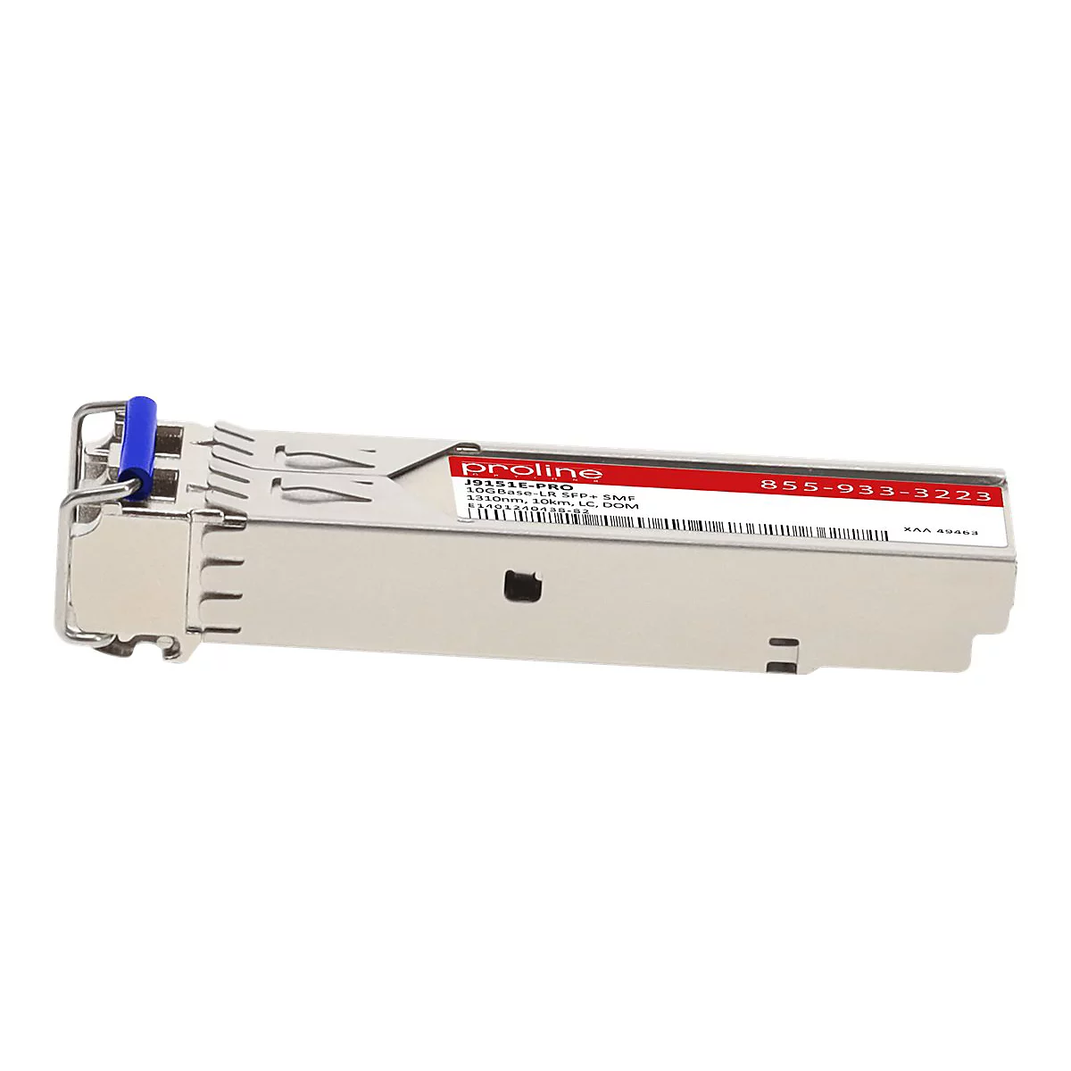 Silbernes Proline J9151E-PRO SFP+ Glasfaser-Transceiver-Modul mit blauem Entriegelungshebel vor weißem Hintergrund.