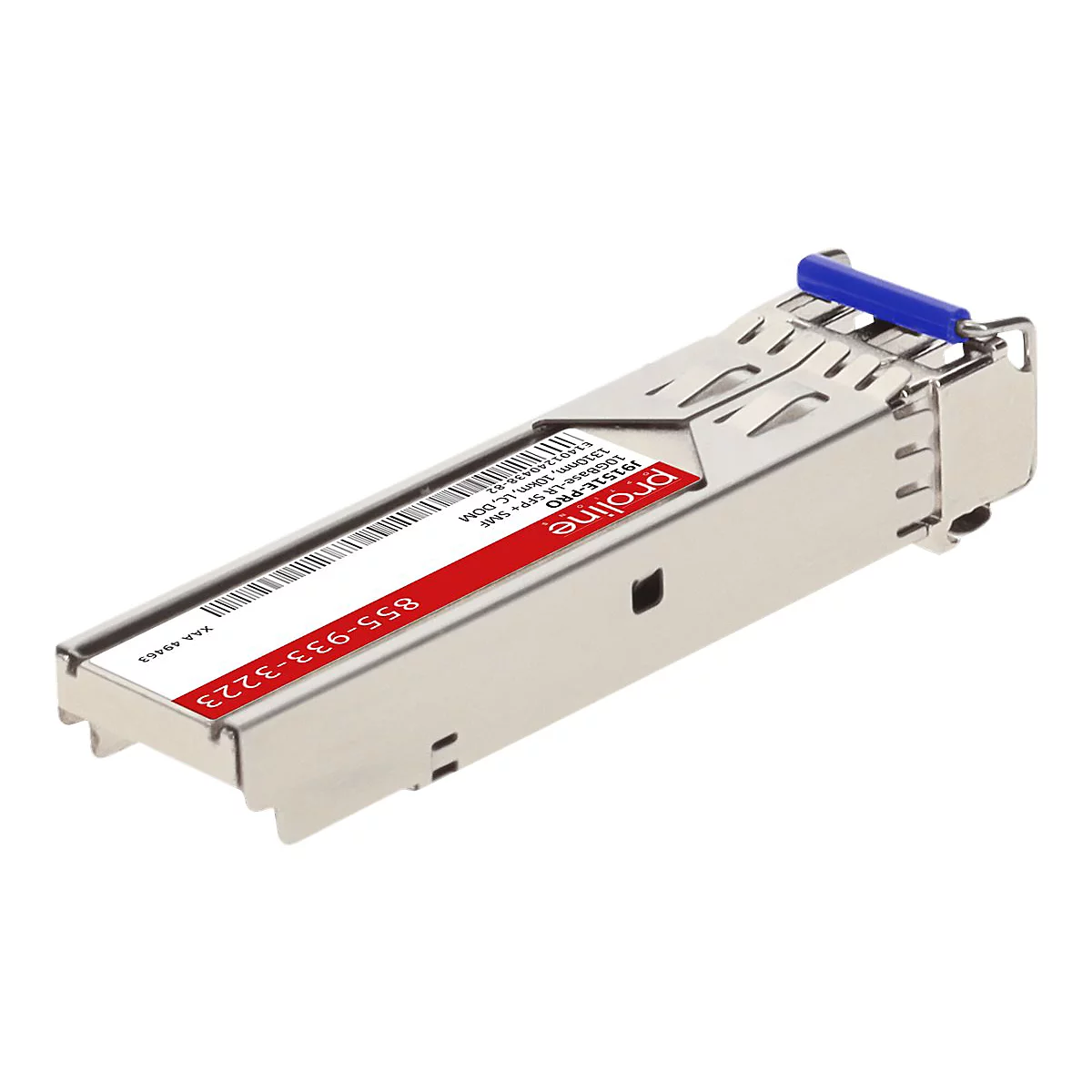 Silberner SFP+ Glasfaser-Transceiver mit rotem Etikett und blauem Entriegelungshebel.