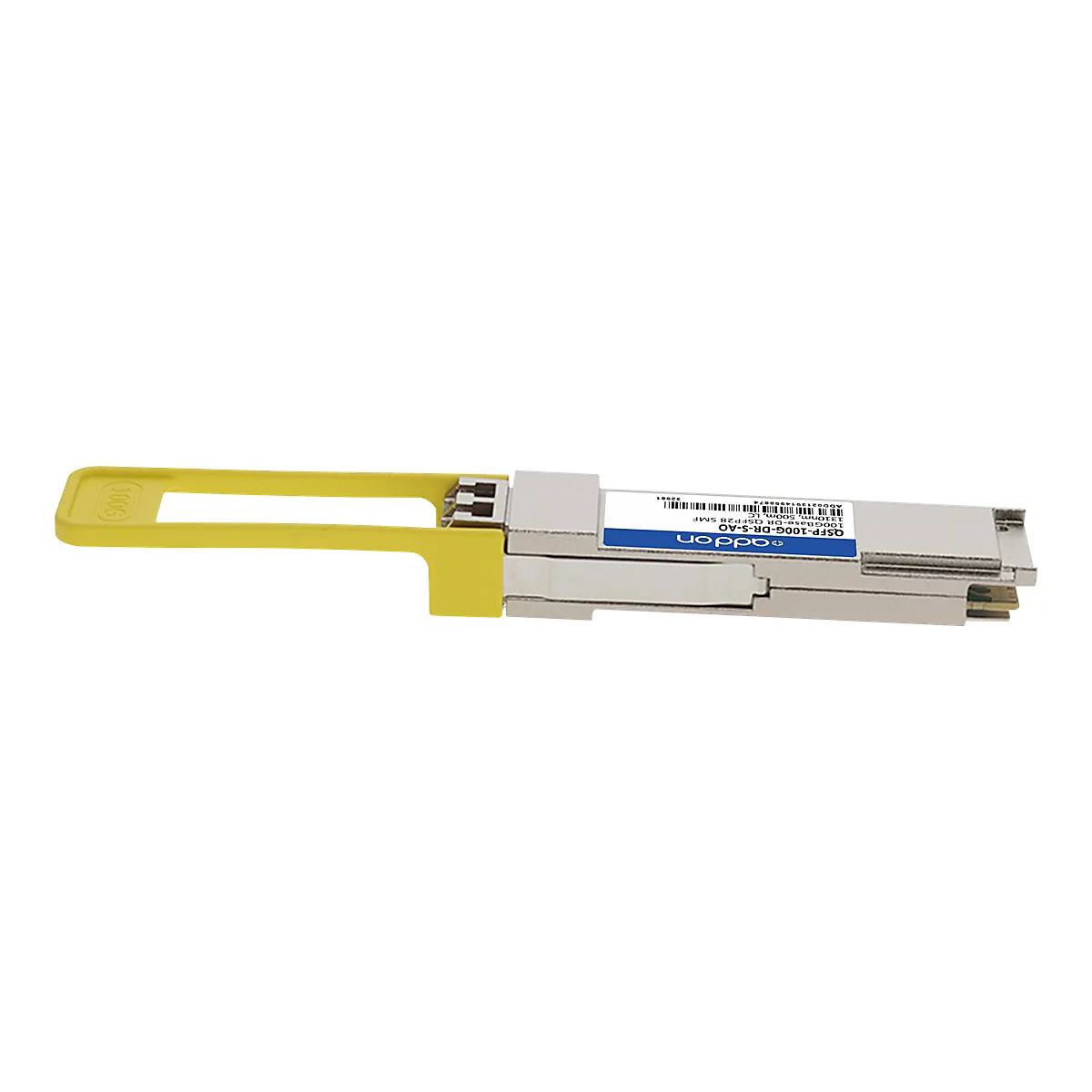 Addon QSFP28 Glasfaser-Transceiver mit gelbem Entriegelungshebel vor weißem Hintergrund.