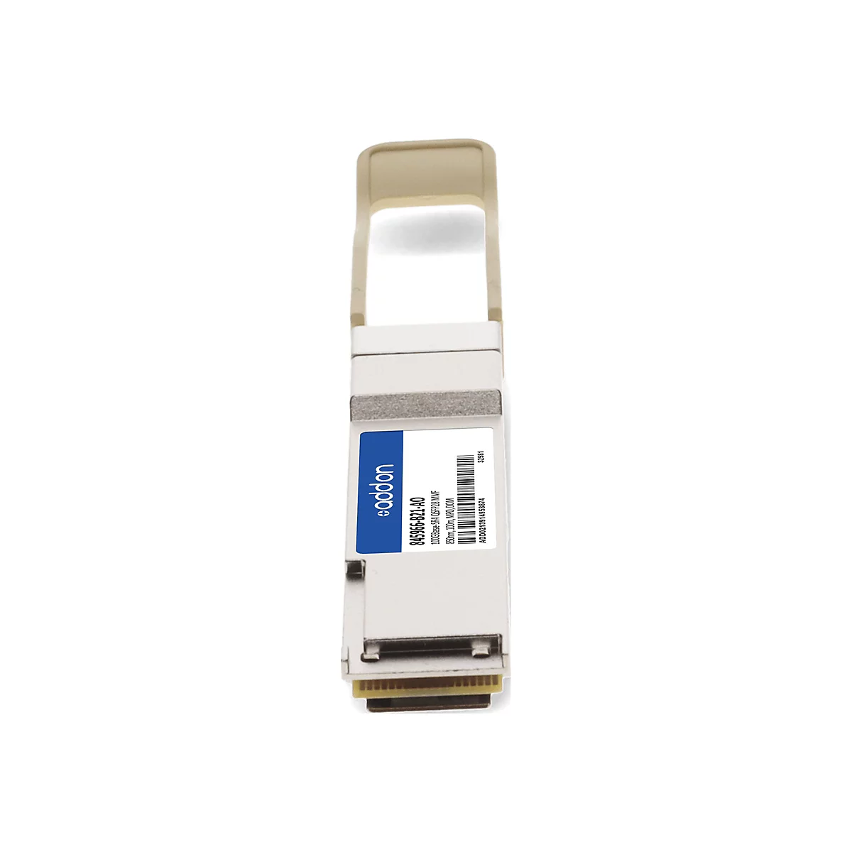 Addon QSFP28 Transceiver Modul mit blauem Etikett auf weißem Hintergrund.