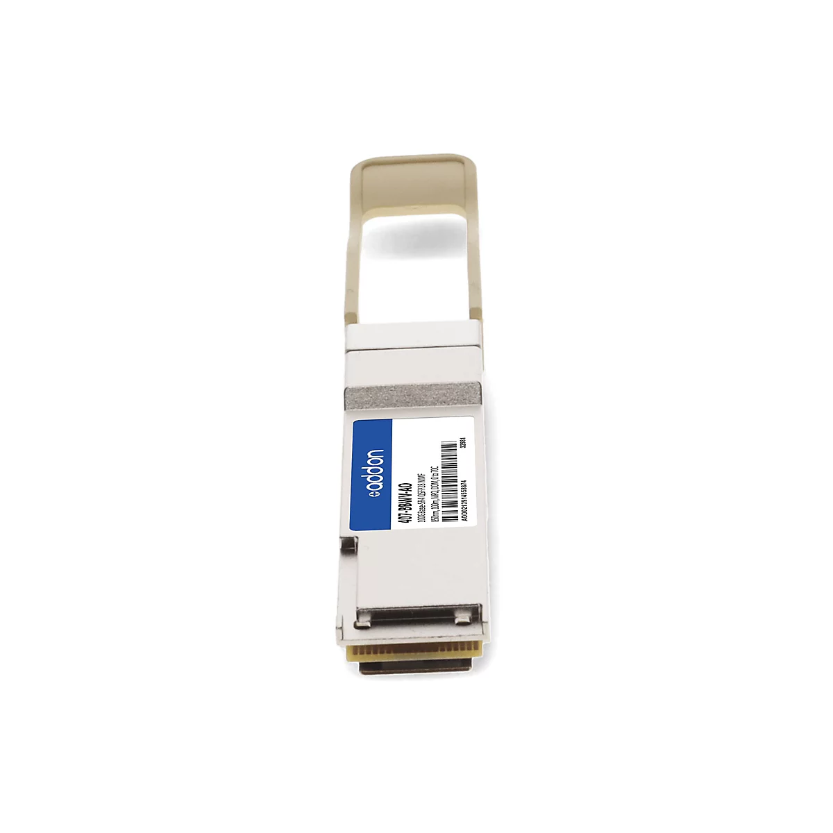 Addon QSFP28 Transceiver Modul auf weißem Hintergrund.