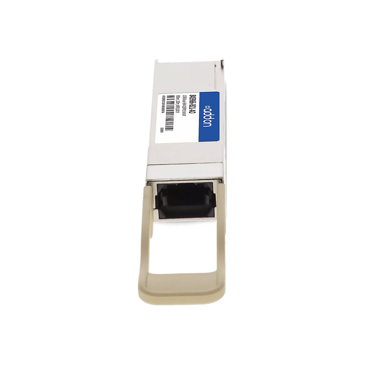 Ein silberner QSFP28-Transceiver mit blauem Etikett von AddOn vor weißem Hintergrund.