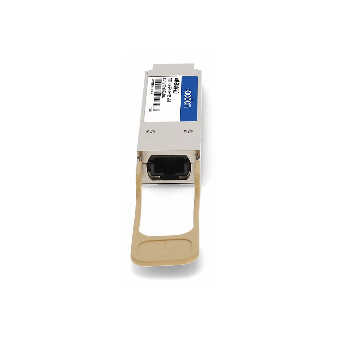 Addon QSFP28 Transceiver Modul mit blauem Etikett und beigem Entriegelungshebel vor weißem Hintergrund.