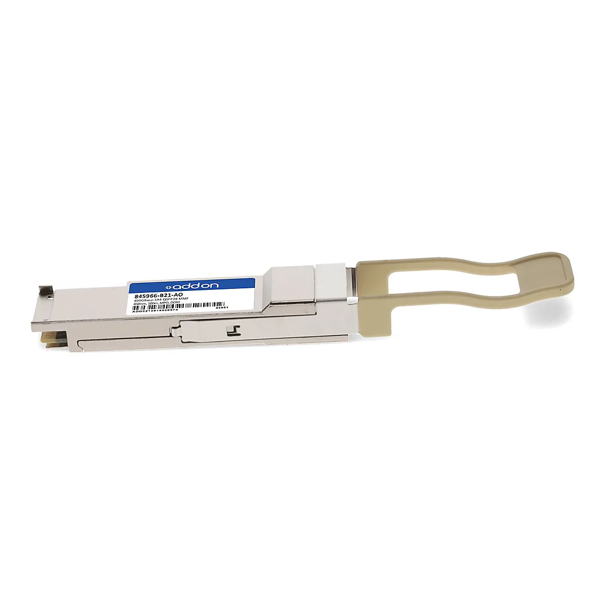 Silbernes QSFP28-Glasfaser-Transceiver-Modul mit beigem Entriegelungshebel vor weißem Hintergrund.