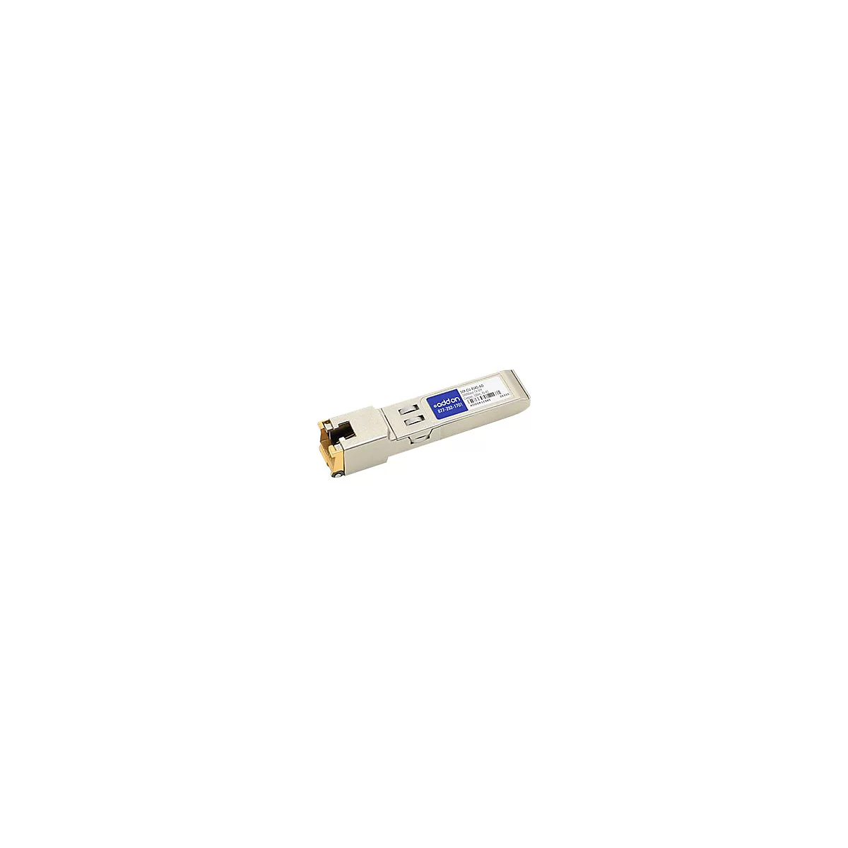 Ein metallisches SFP-Kupfer-Transceiver-Modul mit blauem Aufkleber von AddOn und RJ45-Anschluss.