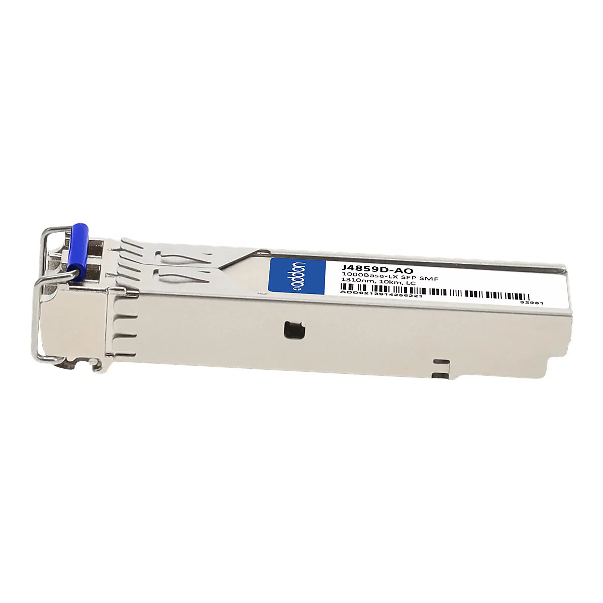 Addon SFP-Transceiver, silbernes Metallgehäuse mit blauem Entriegelungshebel und weißem Etikett mit Produktdetails.