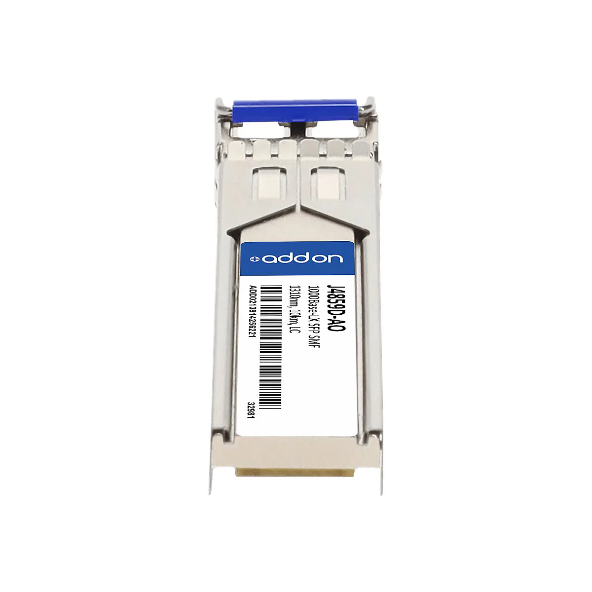 AddOn SFP-Transceiver Modul mit blauem Hebel auf weißem Hintergrund.