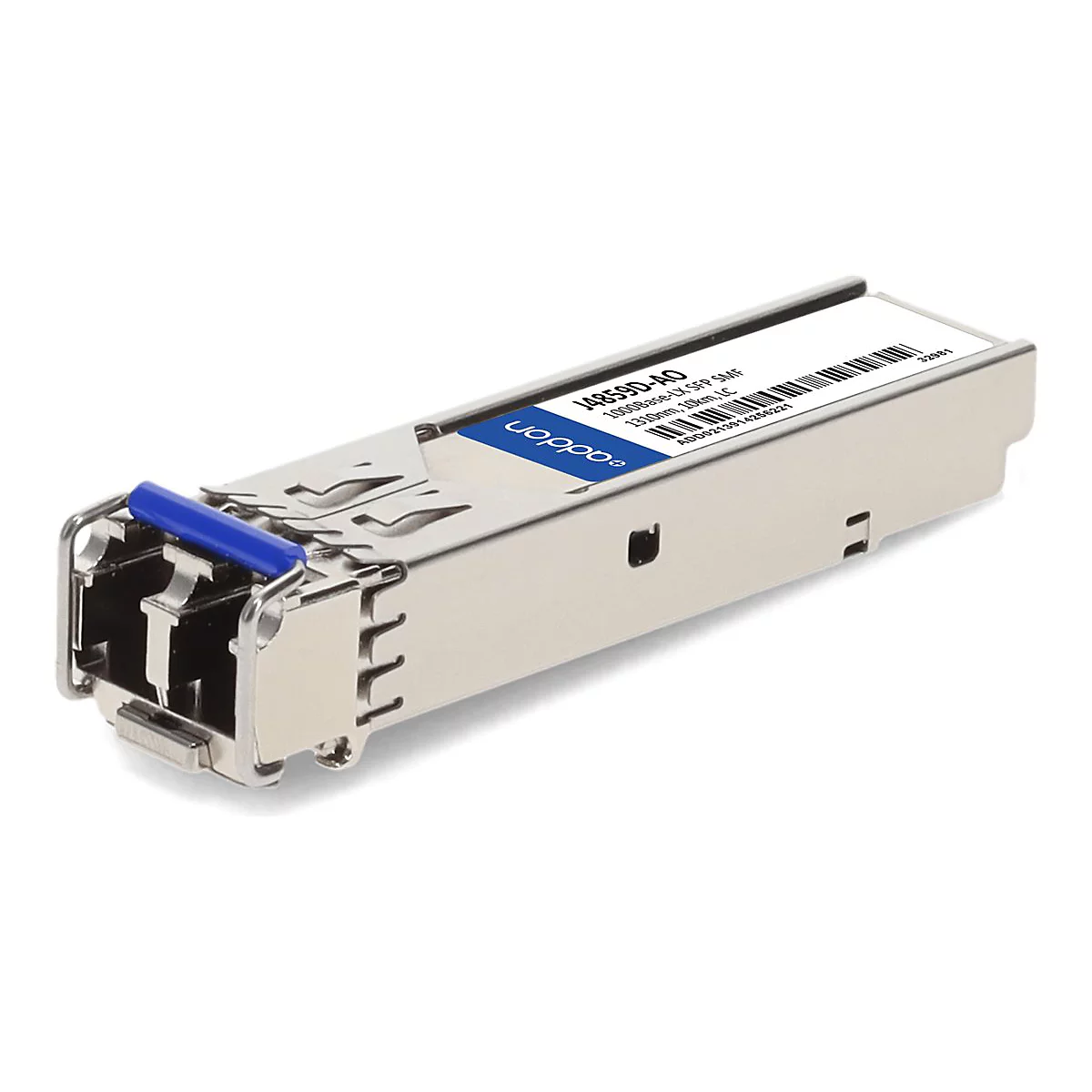 Ein silberner Glasfaser-Transceiver mit blauem Entriegelungshebel und einem Etikett mit Produktinformationen.