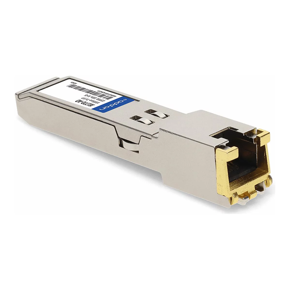 SFP-Kupfer-Transceiver-Modul mit RJ45-Anschluss, beschriftet als AddOn 1000Base-TX.
