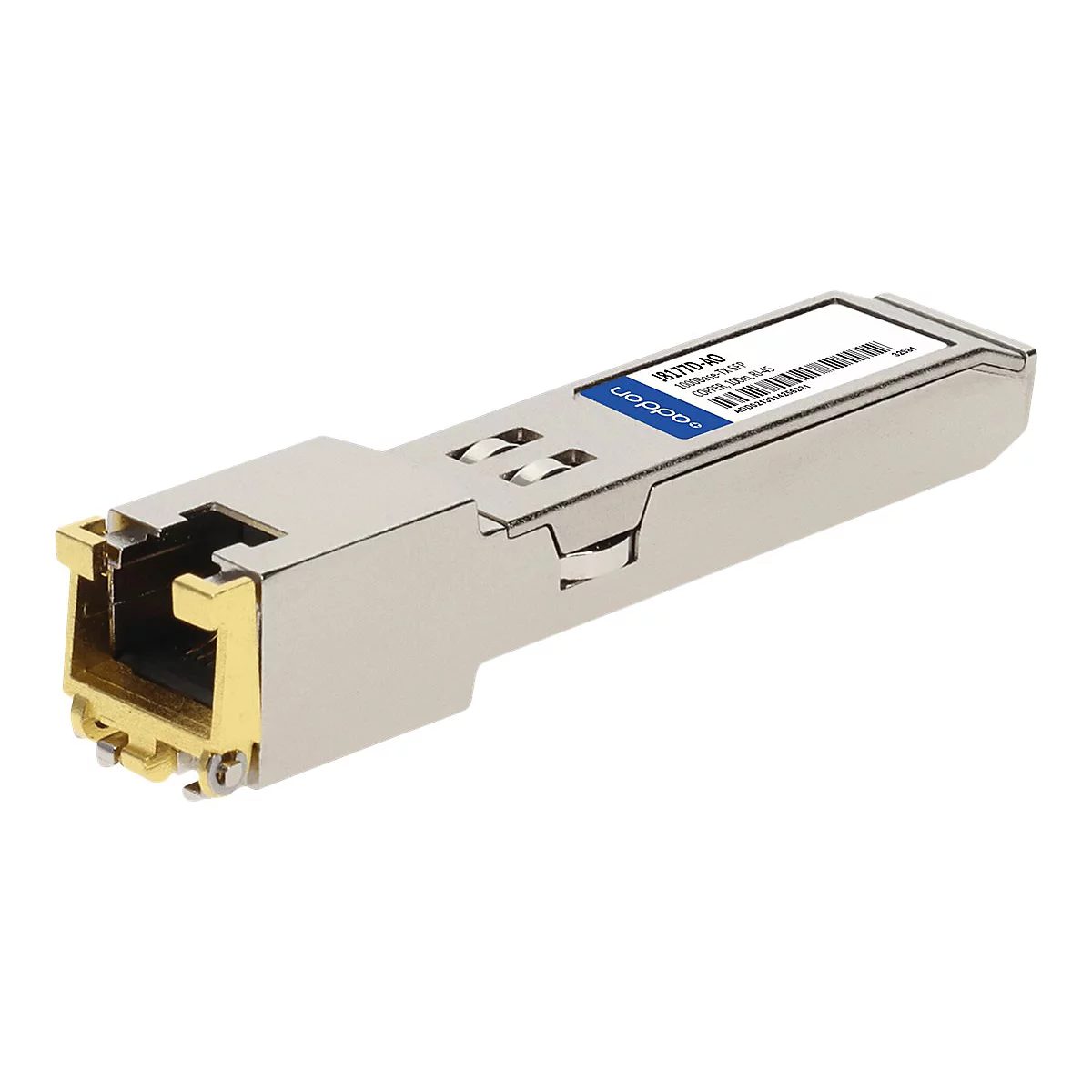Silbernes RJ45 SFP-Modul mit blauem Aufkleber auf weißem Hintergrund.