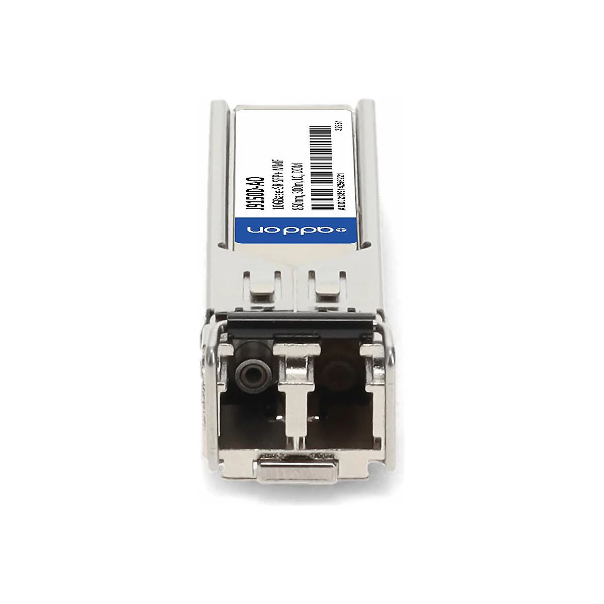 AddOn SFP+ Transceiver-Modul mit weißem Etikett vor weißem Hintergrund.
