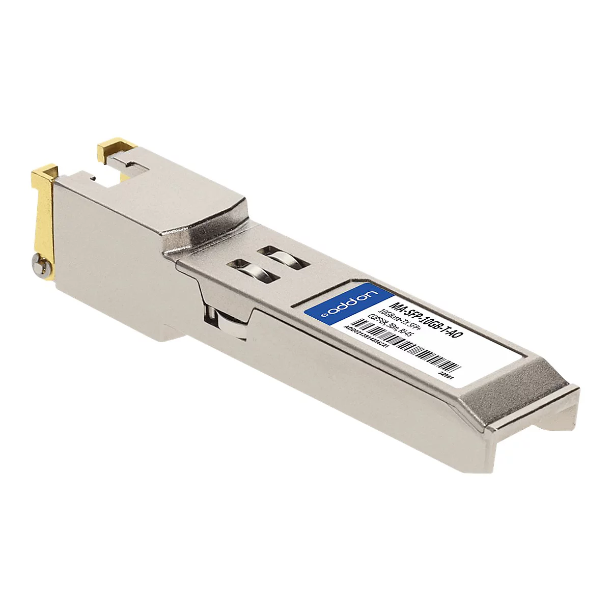 Silbernes SFP+ Kupfer-Transceiver-Modul mit RJ45-Anschluss und Etikett auf weißem Hintergrund.