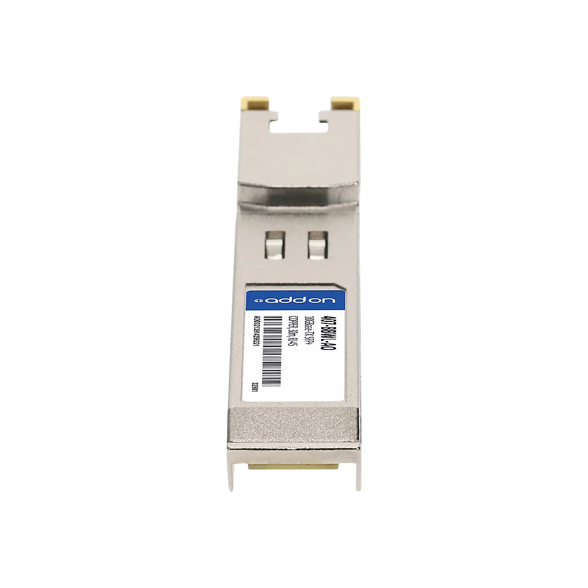Ein silbernes SFP+-Modul mit blauem Addon-Logo und einem Etikett mit Produktinformationen und Barcode.