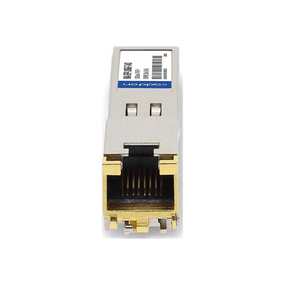 Ein silberner 10G-SFP-Kupfer-Transceiver mit einem RJ45-Anschluss vor weißem Hintergrund.
