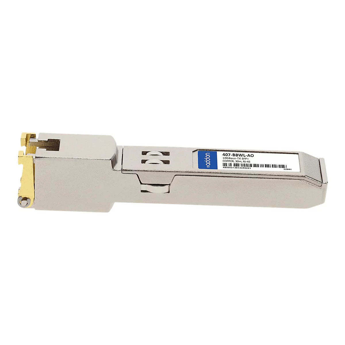 Ein silberner 10GBase-TX SFP+ Transceiver mit goldenem Verriegelungshebel und einem Etikett von Addon.