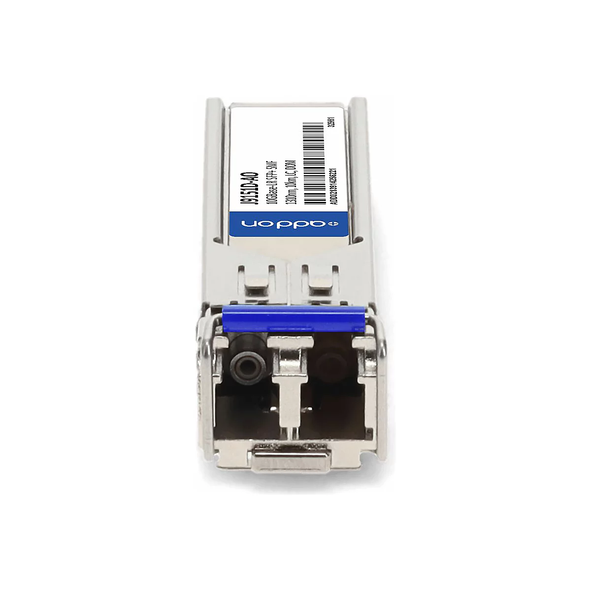 AddOn SFP+ Transceiver-Modul J9151D-AO für 10G-Glasfaserverbindungen mit blauem Entriegelungshebel.